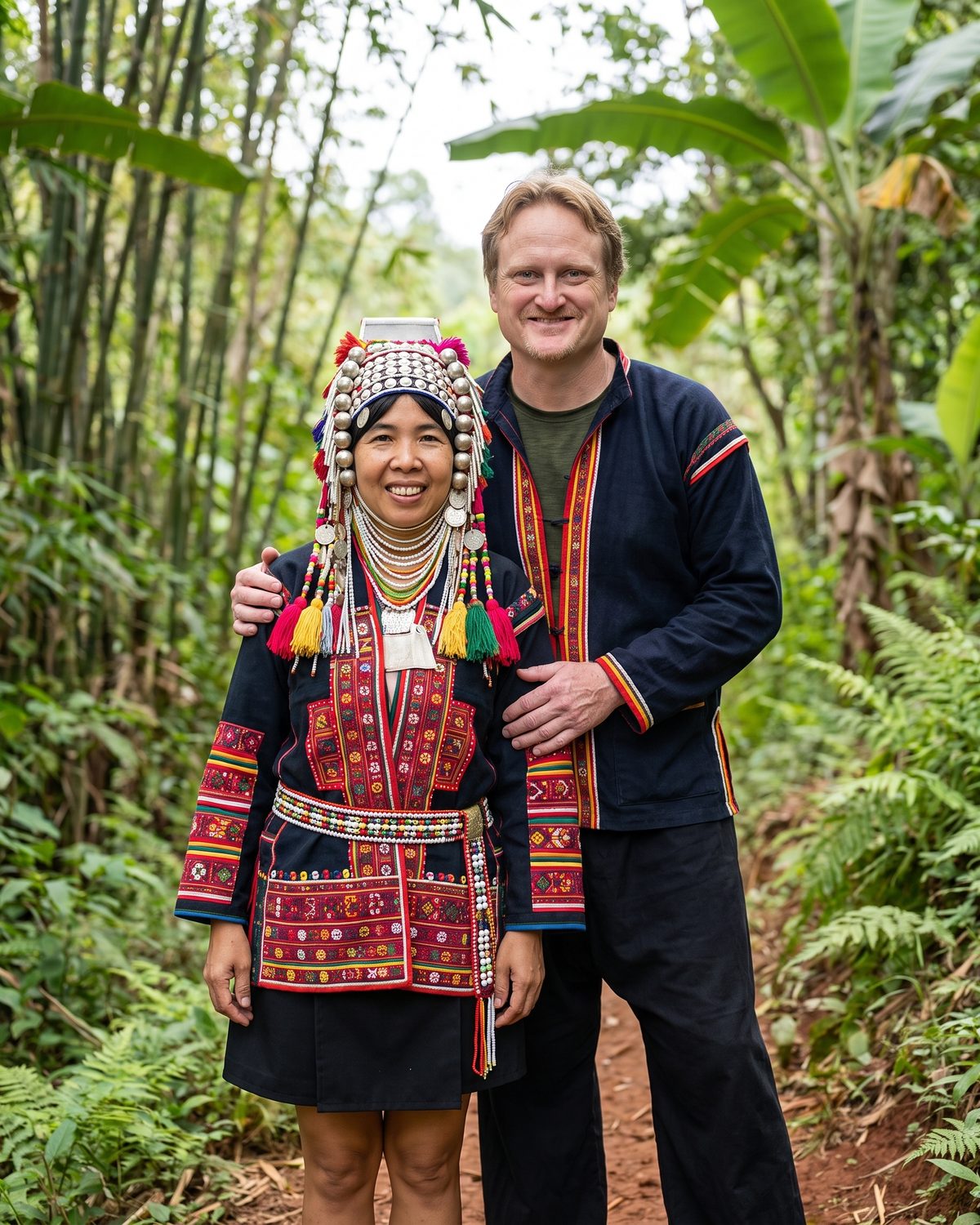 Illustration: Aaron and Alina Glassburn on a red-earth jungle path in northern Thailand, Alina in Akha dress and headdress, Aaron in an Akha jacket, his arm around her shoulders.