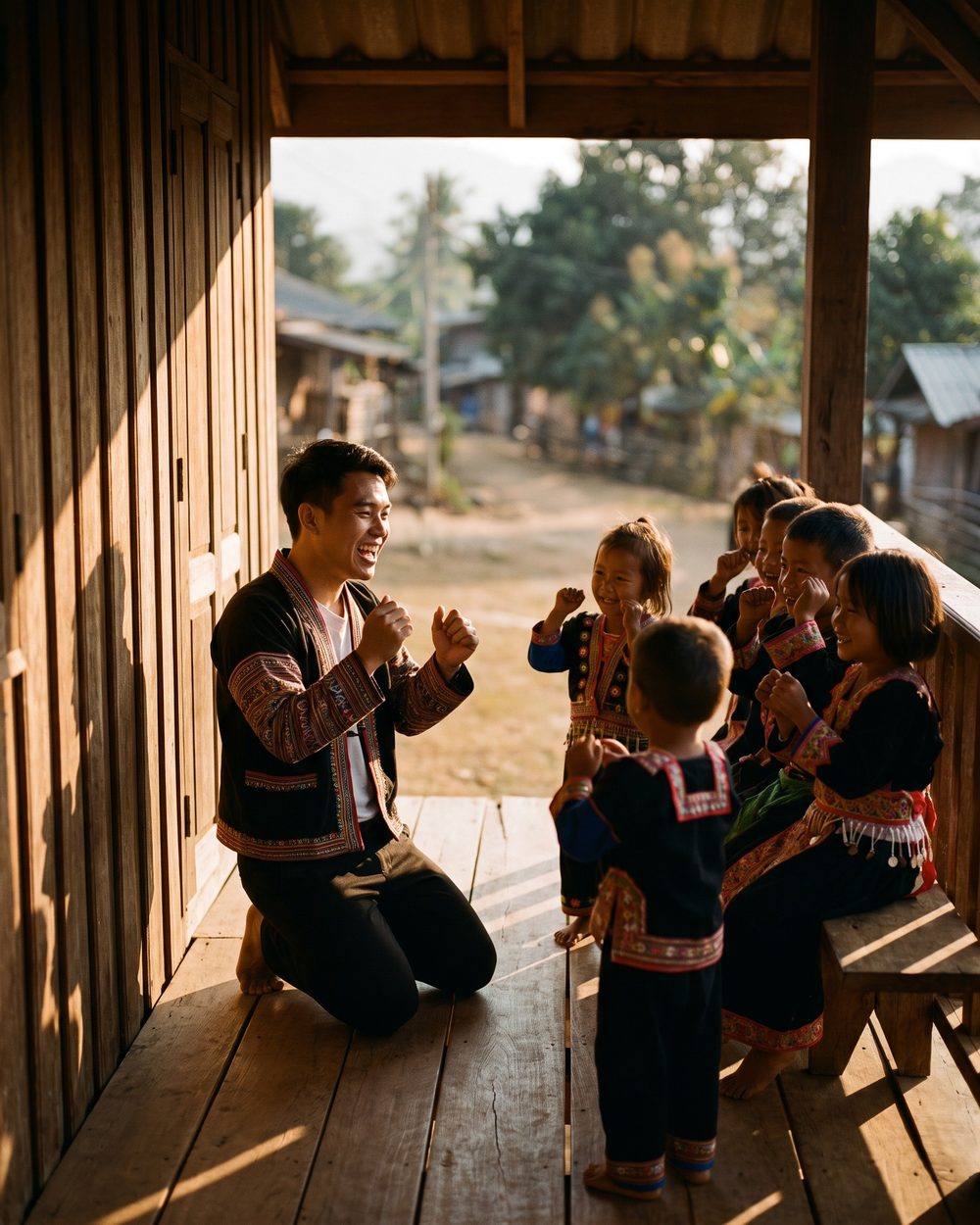 A young Thai leader kneels on a church porch leading an action song while children copy the hand motions