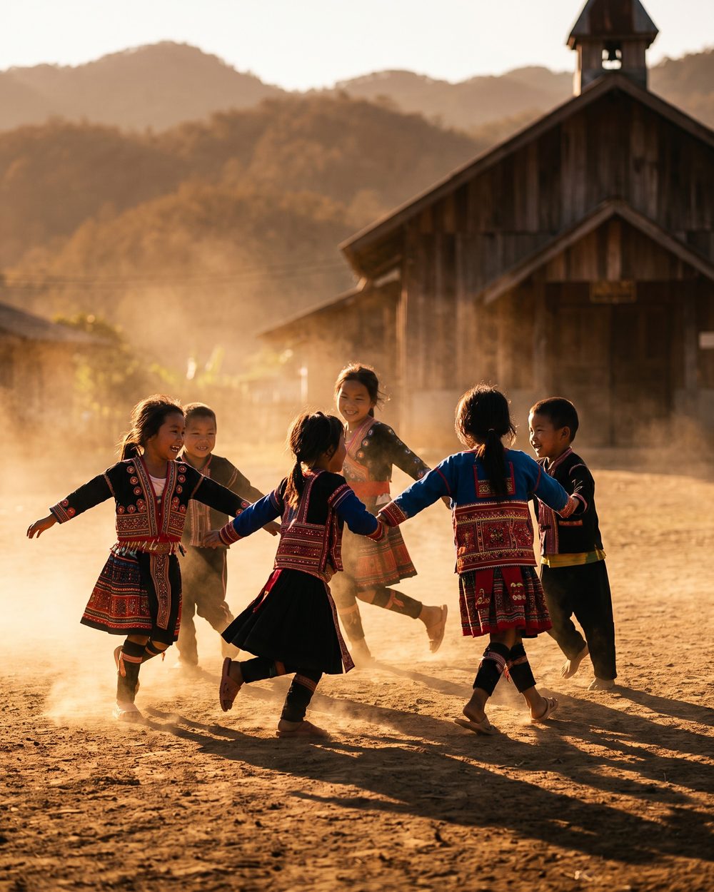 Children run a circle game in the dirt yard outside a hillside church, dust glowing in the late sun