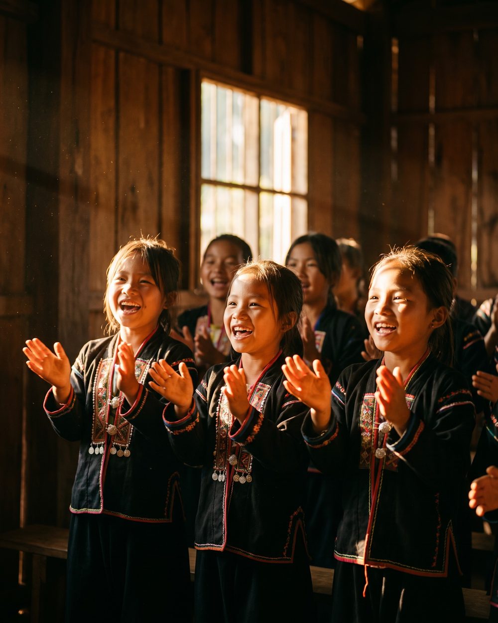 Hill tribe children clap and sing together inside a wooden village church, sunlight falling through the window