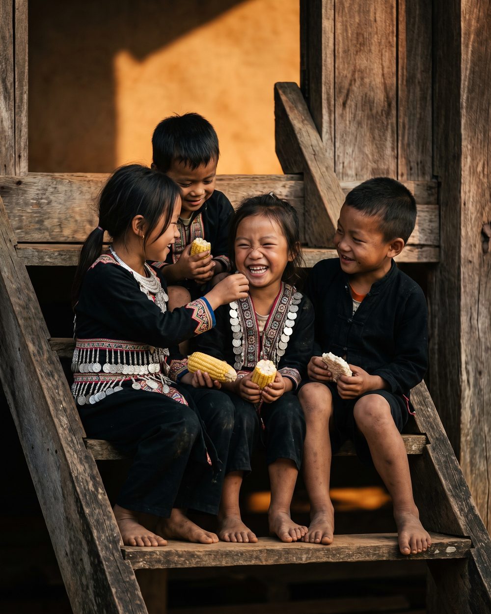 Children sit shoulder to shoulder on wooden church steps sharing a snack and laughing together