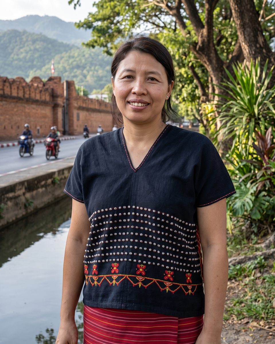 Jan in traditional Karen dress beside the old city wall and moat of Chiang Mai, the jungle slopes of Doi Suthep behind.