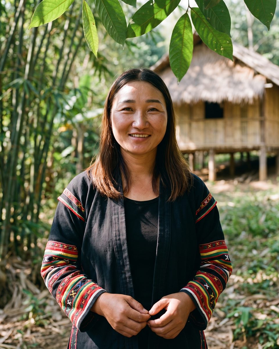 Teacher Mai, smiling, in an embroidered Akha jacket in a jungle clearing in northern Thailand, a bamboo stilt house behind her.