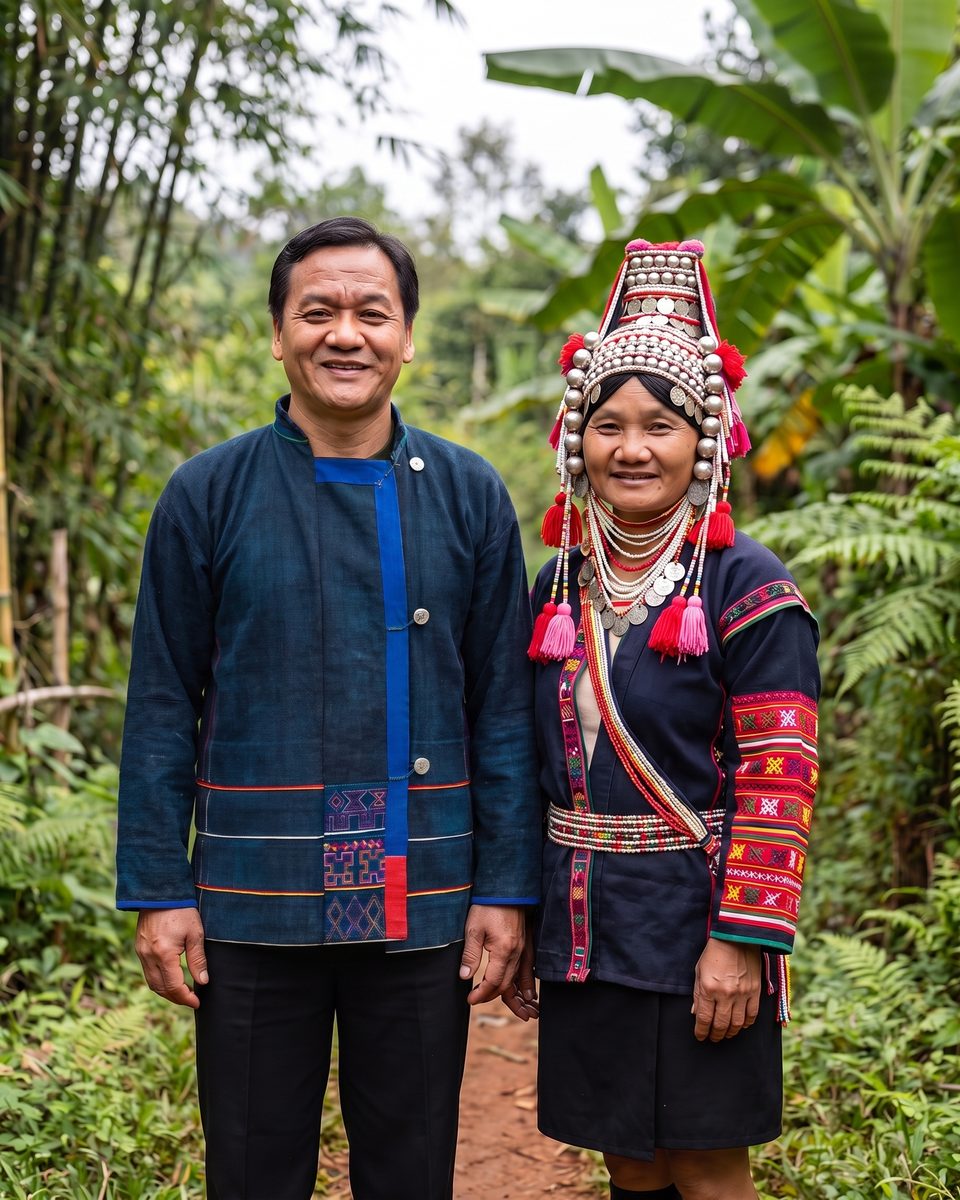 Pastor Noah in a traditional indigo Akha jacket and Laada in U Lo Akha dress and tall silver headdress, on a red-earth jungle path in northern Thailand.