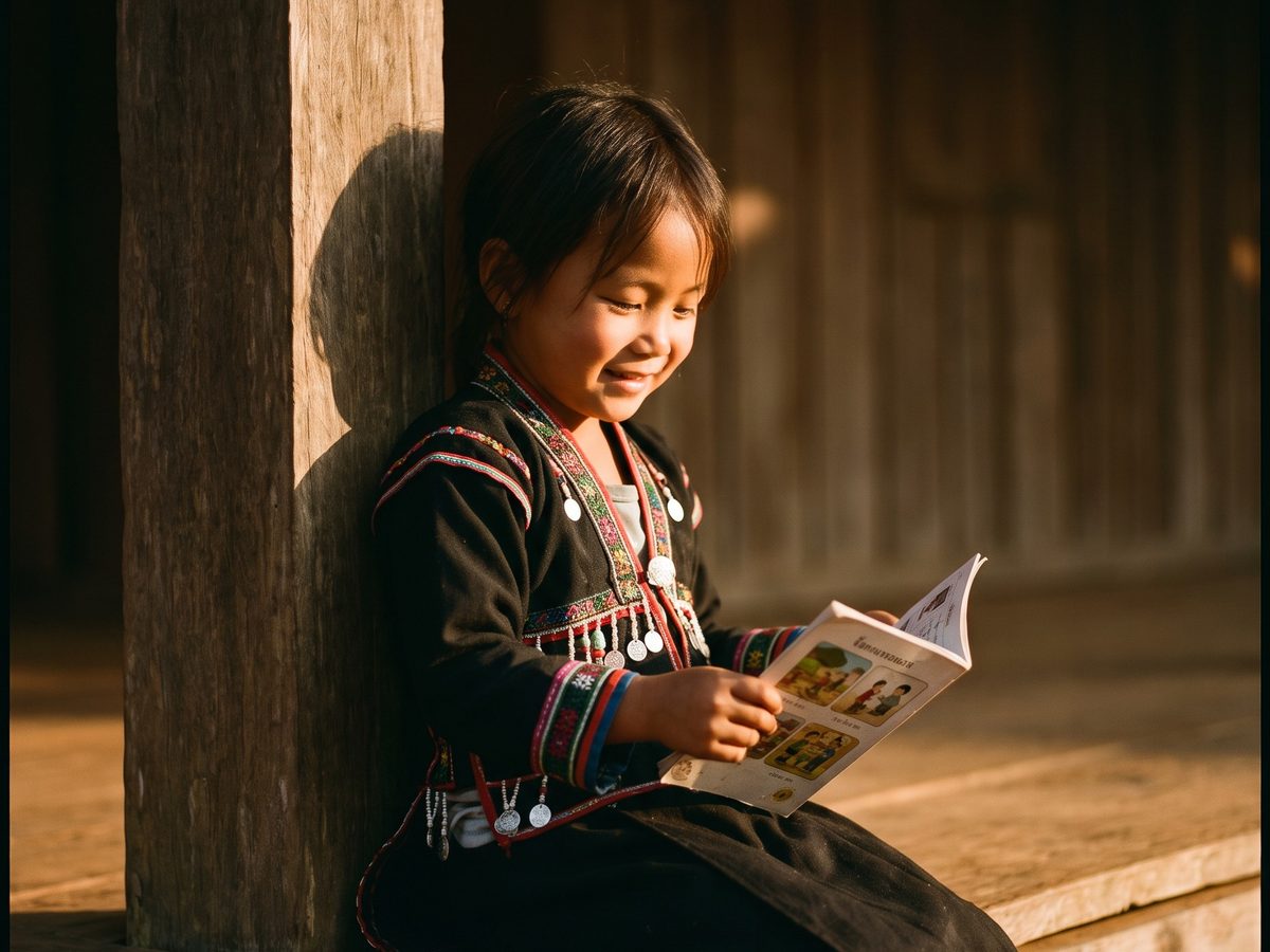 A hill tribe child in an embroidered jacket smiles over an illustrated lesson book on a sunlit church porch