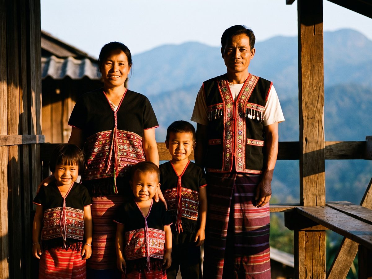 A hill tribe family in traditional woven dress stands together on the porch of their stilt house with mountains behind