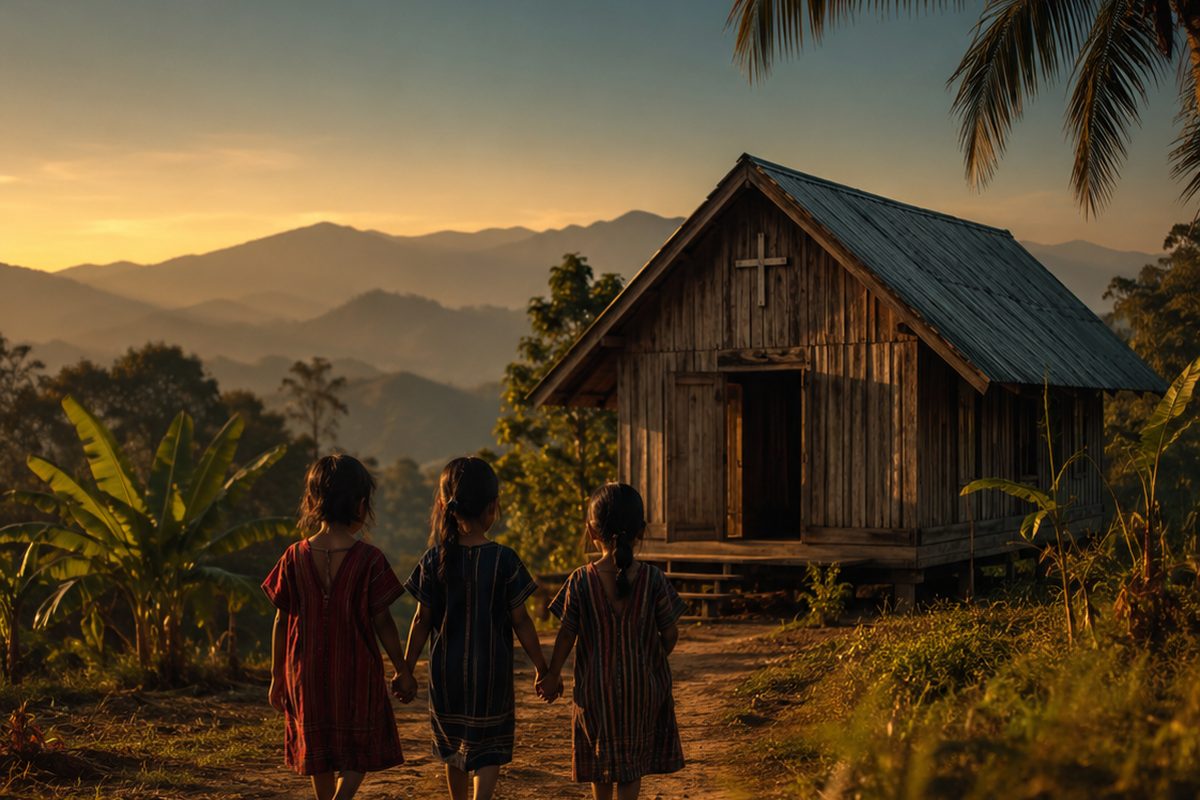 Three children walk hand in hand toward a wooden church on a hillside at dusk, mountains behind them
